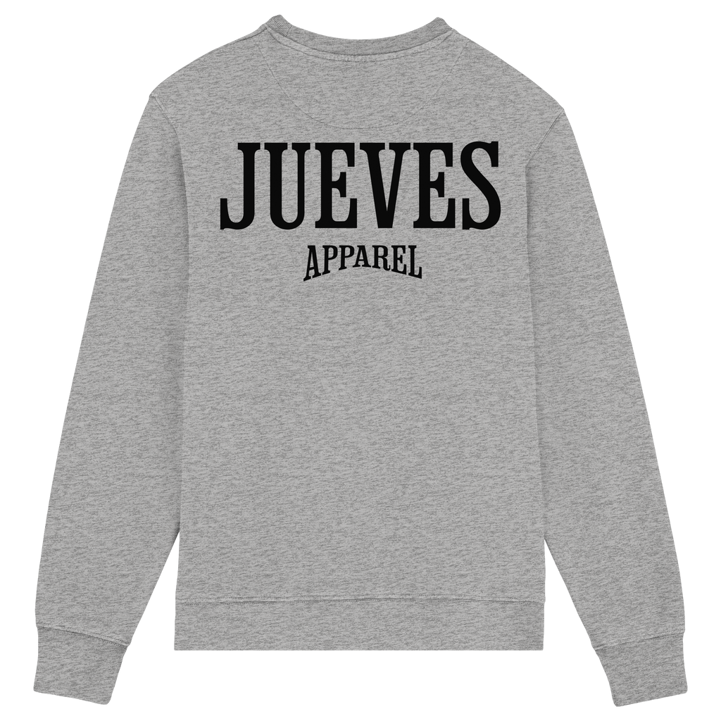 Rückansicht des grauen Classic Sweatshirts von Jueves Apparel mit großem Rückendruck – klassischer Fit aus 85 % Bio-Baumwolle, 15 % Polyester, 300 g/m² Stoffgewicht.