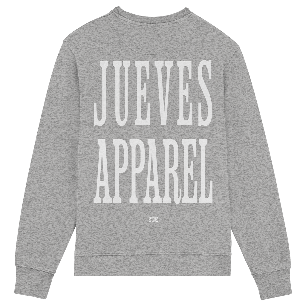 Rückansicht des grauen Classic Sweatshirts von Jueves Apparel mit großem Rückendruck – klassischer Fit aus 85 % Bio-Baumwolle, 15 % Polyester, 300 g/m² Stoffgewicht.