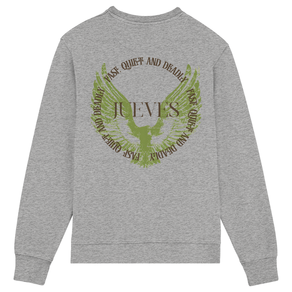 Rückansicht des grauen Classic Sweatshirts von Jueves Apparel mit großem Rückendruck – klassischer Fit aus 85 % Bio-Baumwolle, 15 % Polyester, 300 g/m² Stoffgewicht.