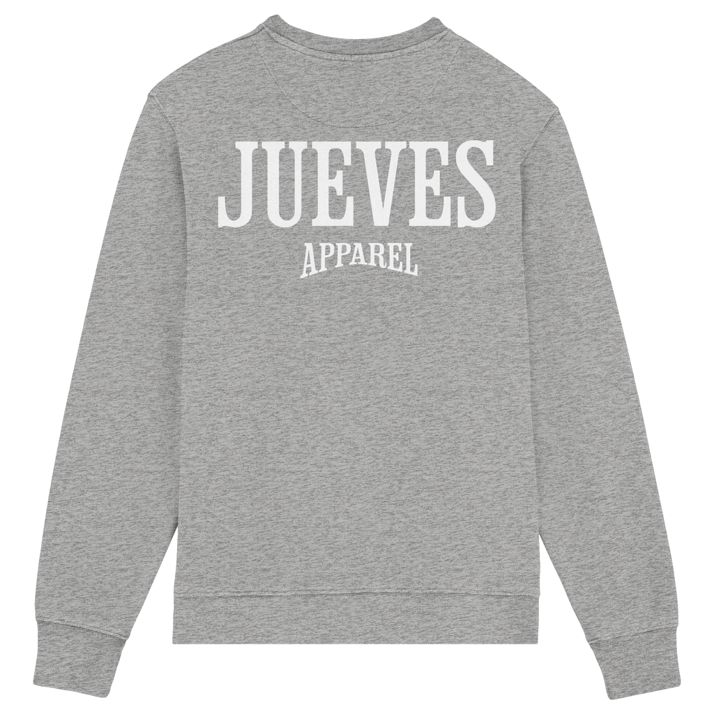 Rückansicht des grauen Classic Sweatshirts von Jueves Apparel mit großem Rückendruck – klassischer Fit aus 85 % Bio-Baumwolle, 15 % Polyester, 300 g/m² Stoffgewicht.