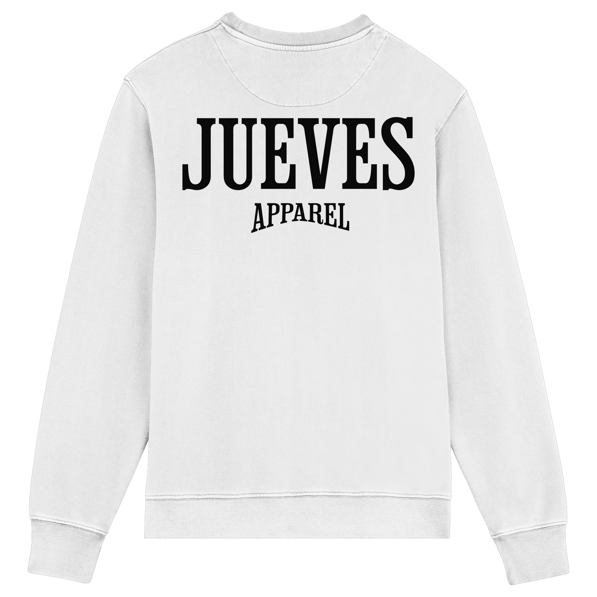 Rückansicht des weißen Classic Sweatshirts von Jueves Apparel mit großem Rückendruck – klassischer Fit aus 85 % Bio-Baumwolle, 15 % Polyester, 300 g/m² Stoffgewicht.