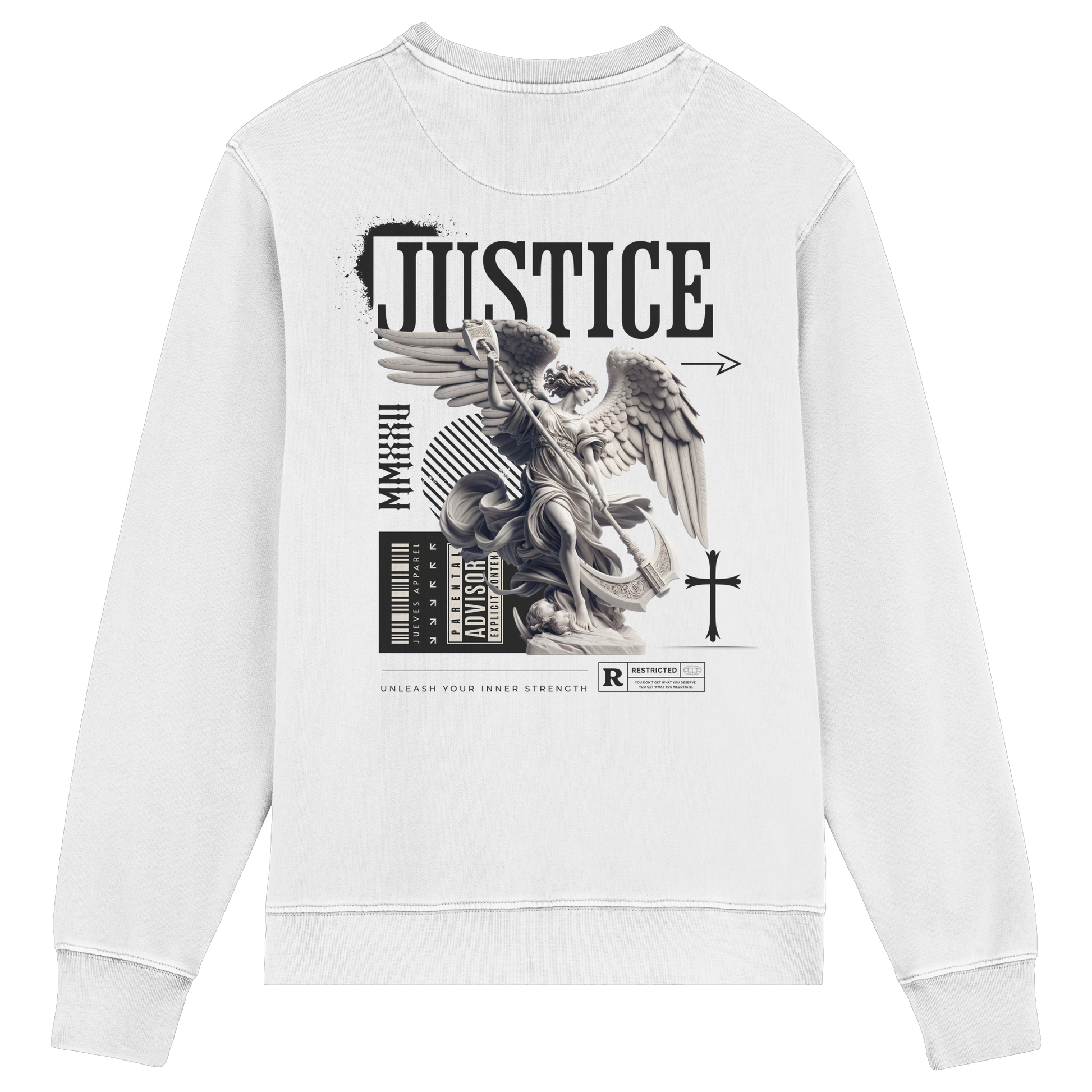 Rückansicht des weißen Classic Sweatshirts von Jueves Apparel mit großem Rückendruck – klassischer Fit aus 85 % Bio-Baumwolle, 15 % Polyester, 300 g/m² Stoffgewicht.