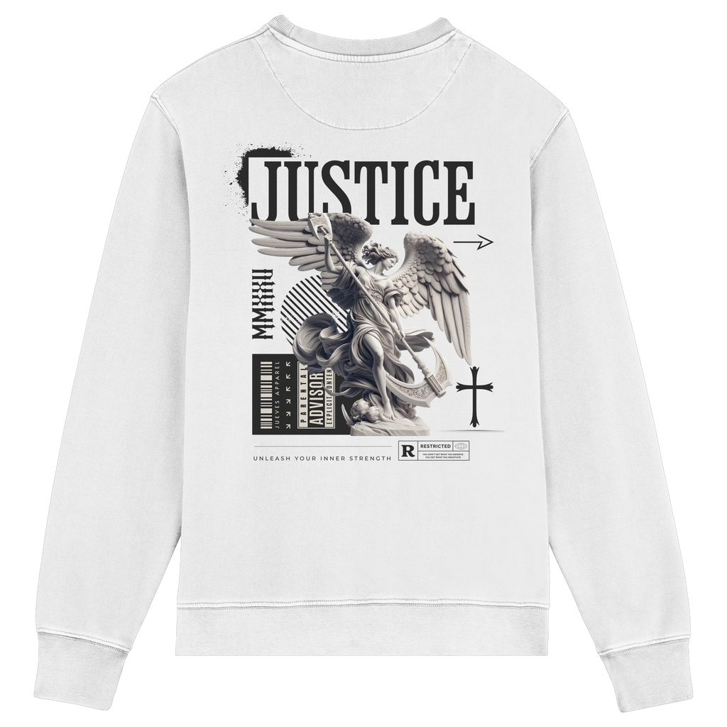 Rückansicht des weißen Classic Sweatshirts von Jueves Apparel mit großem Rückendruck – klassischer Fit aus 85 % Bio-Baumwolle, 15 % Polyester, 300 g/m² Stoffgewicht.