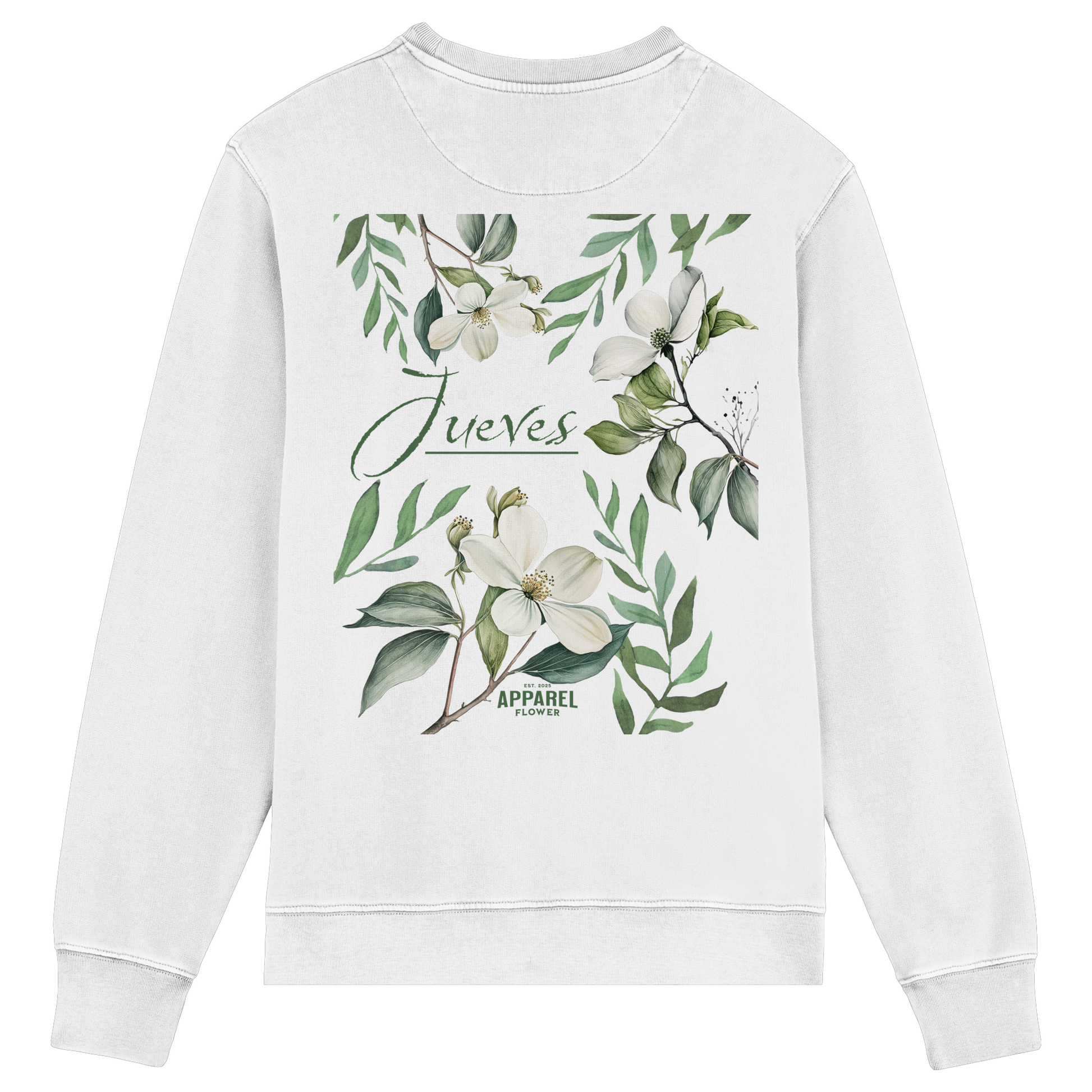 Rückansicht des weißen Classic Sweatshirts von Jueves Apparel mit großem Rückendruck – klassischer Fit aus 85 % Bio-Baumwolle, 15 % Polyester, 300 g/m² Stoffgewicht.