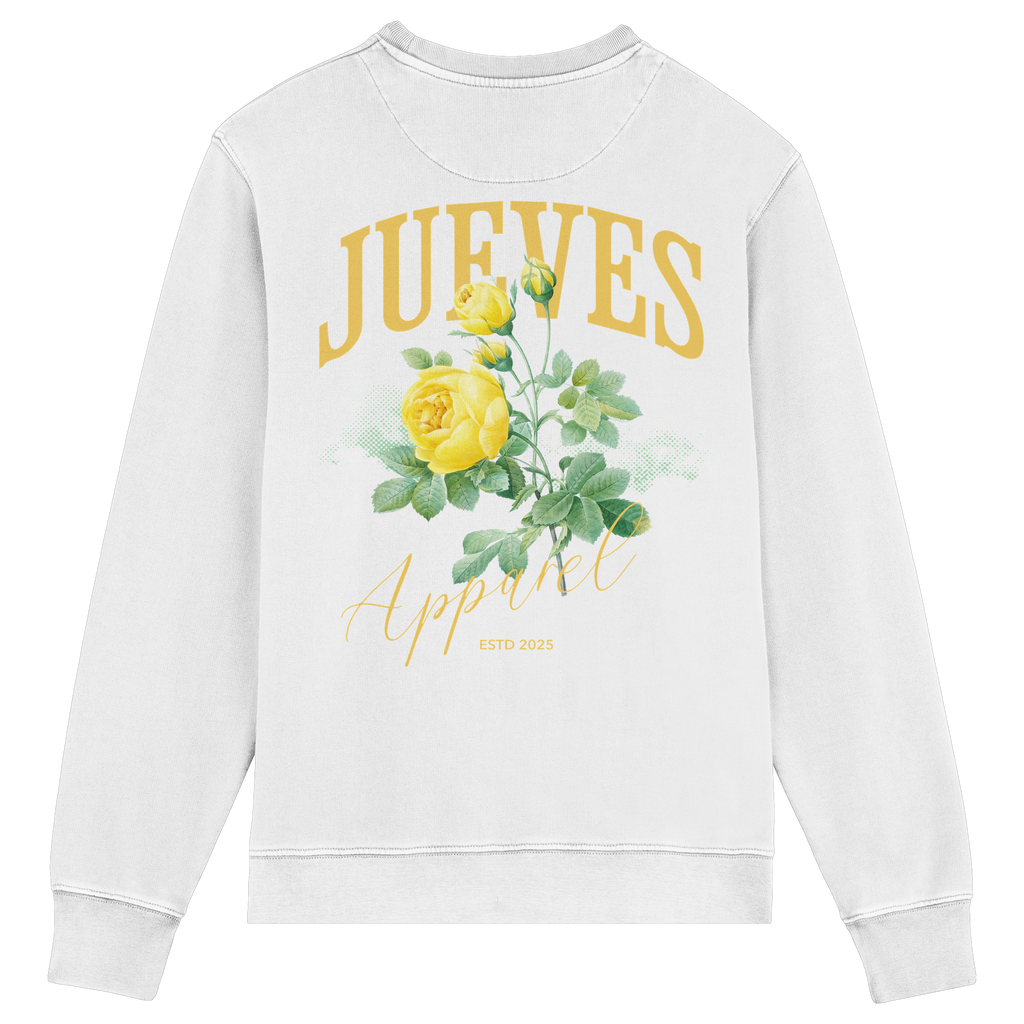 Rückansicht des weißen Classic Sweatshirts von Jueves Apparel mit großem Rückendruck – klassischer Fit aus 85 % Bio-Baumwolle, 15 % Polyester, 300 g/m² Stoffgewicht.