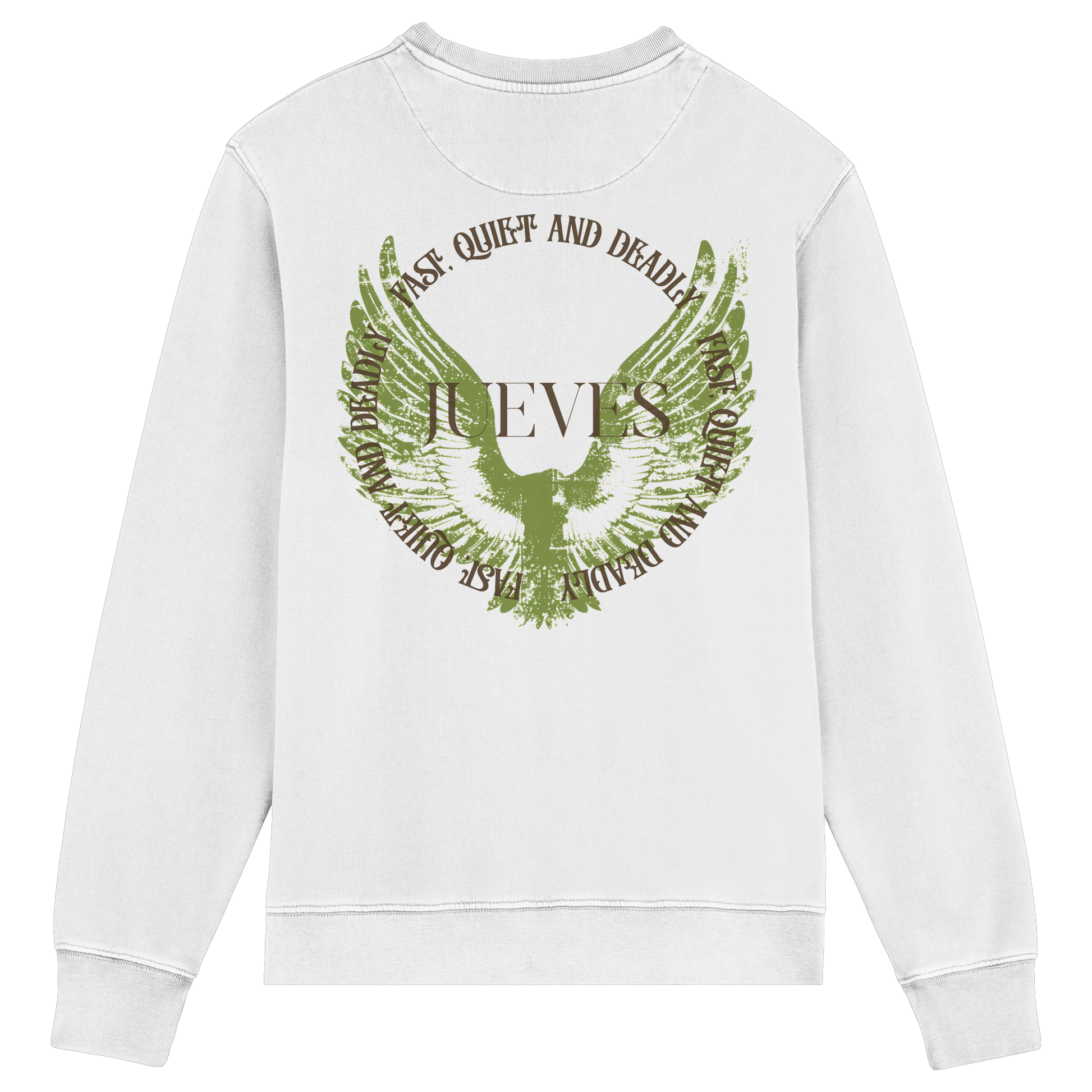 Rückansicht des weißen Classic Sweatshirts von Jueves Apparel mit großem Rückendruck – klassischer Fit aus 85 % Bio-Baumwolle, 15 % Polyester, 300 g/m² Stoffgewicht.