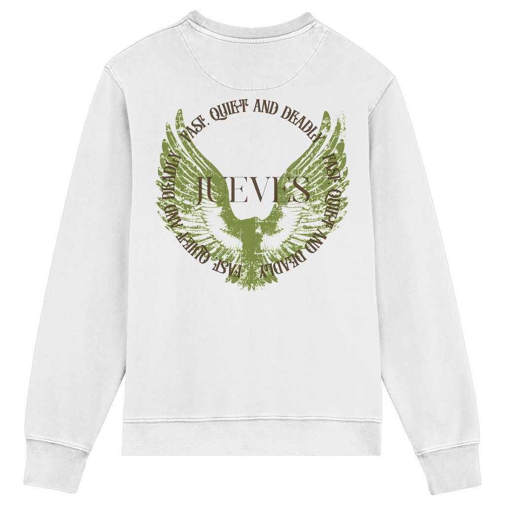 Rückansicht des weißen Classic Sweatshirts von Jueves Apparel mit großem Rückendruck – klassischer Fit aus 85 % Bio-Baumwolle, 15 % Polyester, 300 g/m² Stoffgewicht.
