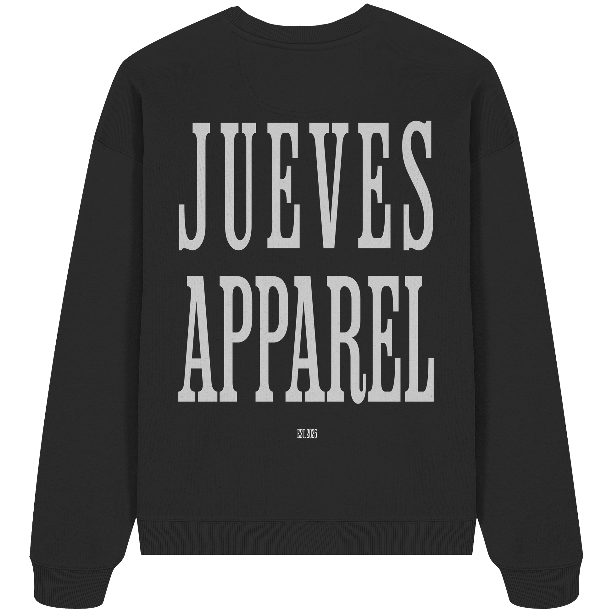schwarzes Jueves Apparel Oversized Boxcut Sweatshirt mit markantem Rückendruck – urbaner Streetwear-Style aus Bio-Baumwolle