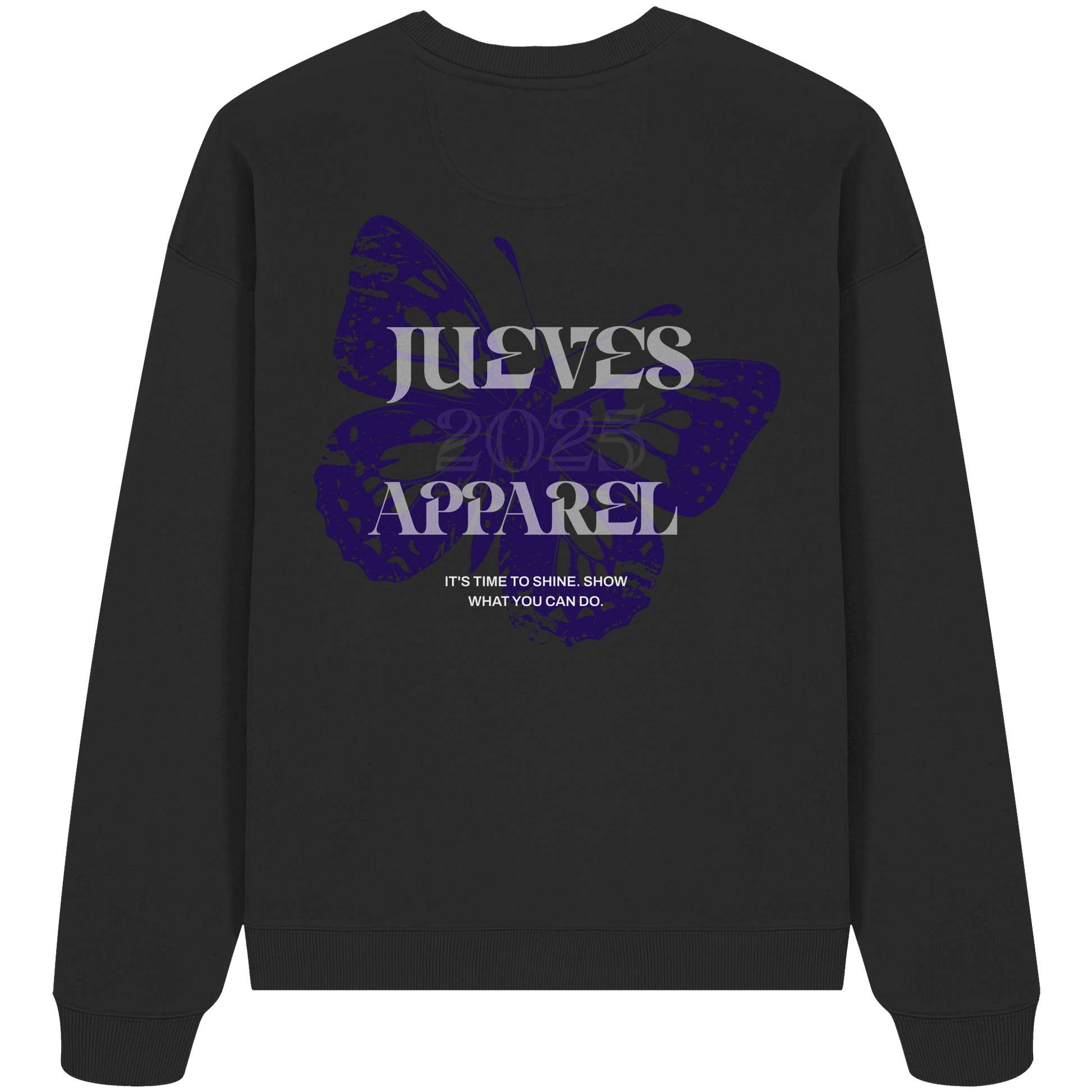 schwarzes Jueves Apparel Oversized Boxcut Sweatshirt mit markantem Rückendruck – urbaner Streetwear-Style aus Bio-Baumwolle