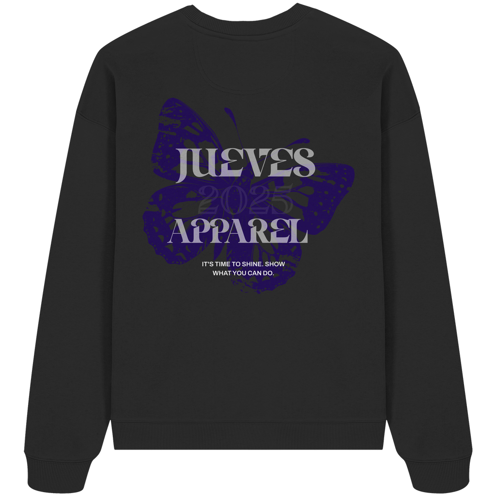 schwarzes Jueves Apparel Oversized Boxcut Sweatshirt mit markantem Rückendruck – urbaner Streetwear-Style aus Bio-Baumwolle