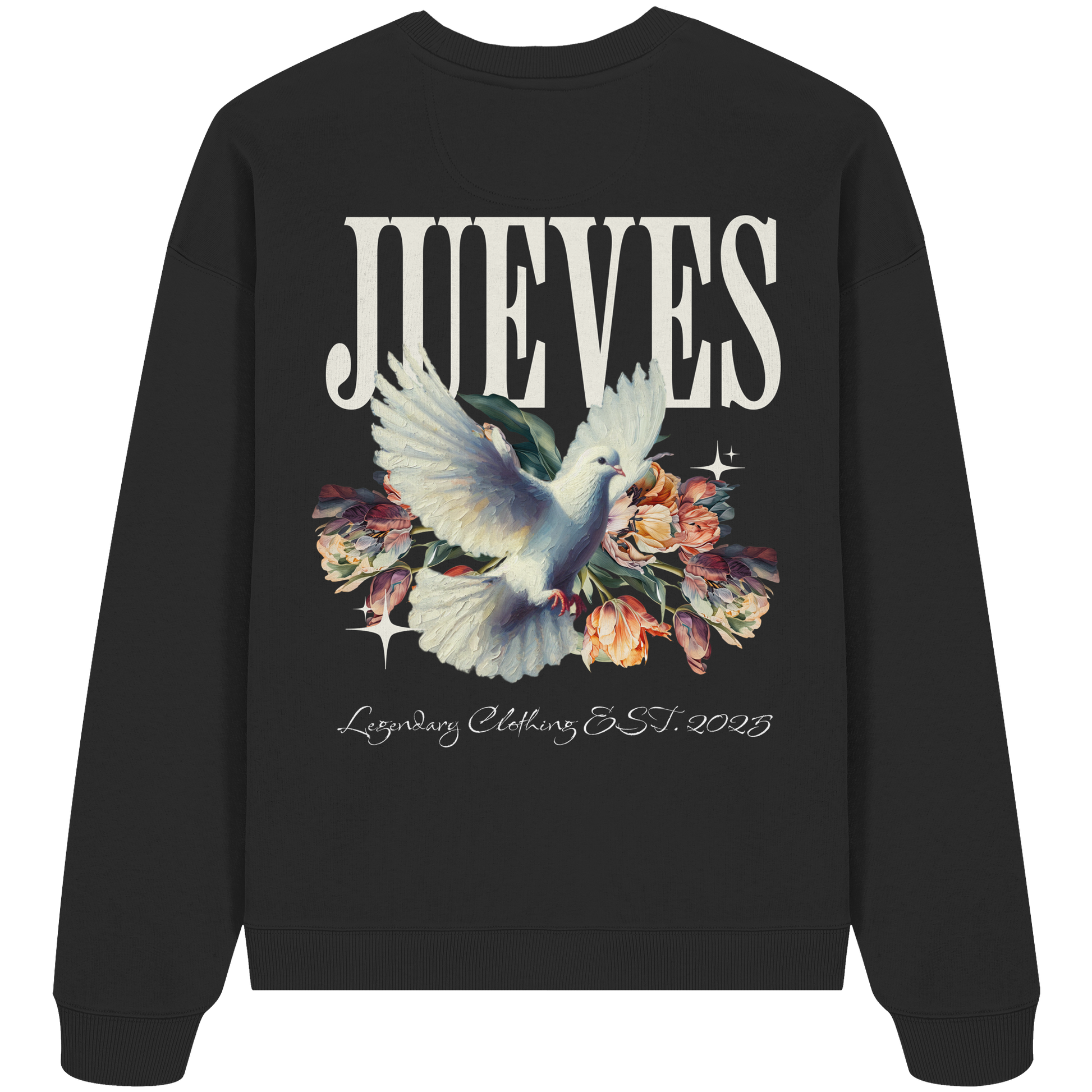 schwarzes Jueves Apparel Oversized Boxcut Sweatshirt mit markantem Rückendruck – urbaner Streetwear-Style aus Bio-Baumwolle