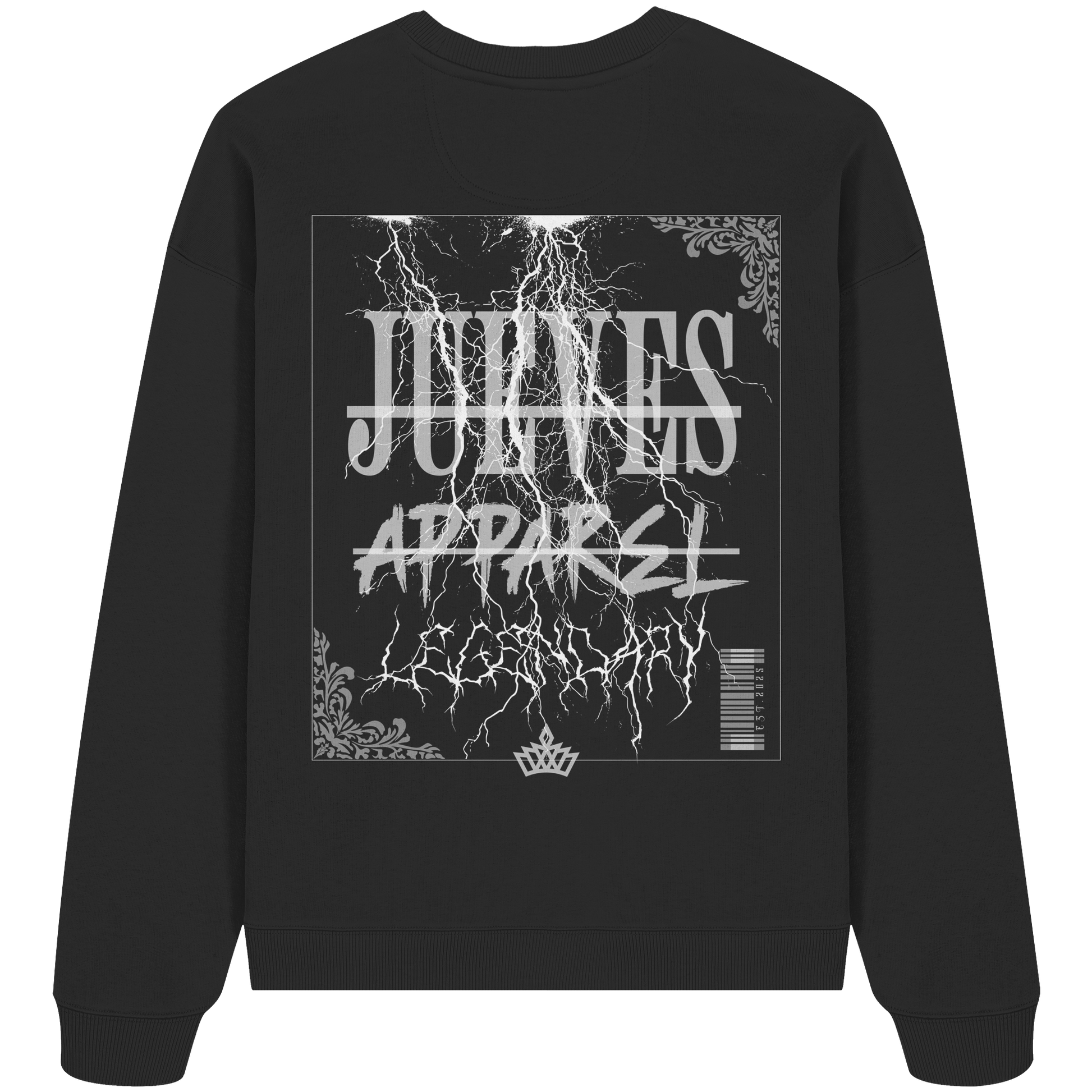 schwarzes Jueves Apparel Oversized Boxcut Sweatshirt mit markantem Rückendruck – urbaner Streetwear-Style aus Bio-Baumwolle