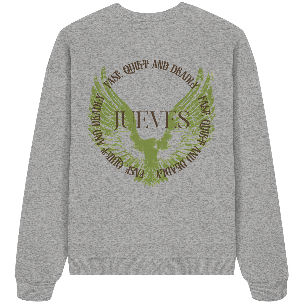 graues Jueves Apparel Oversized Boxcut Sweatshirt mit markantem Rückendruck – urbaner Streetwear-Style aus Bio-Baumwolle