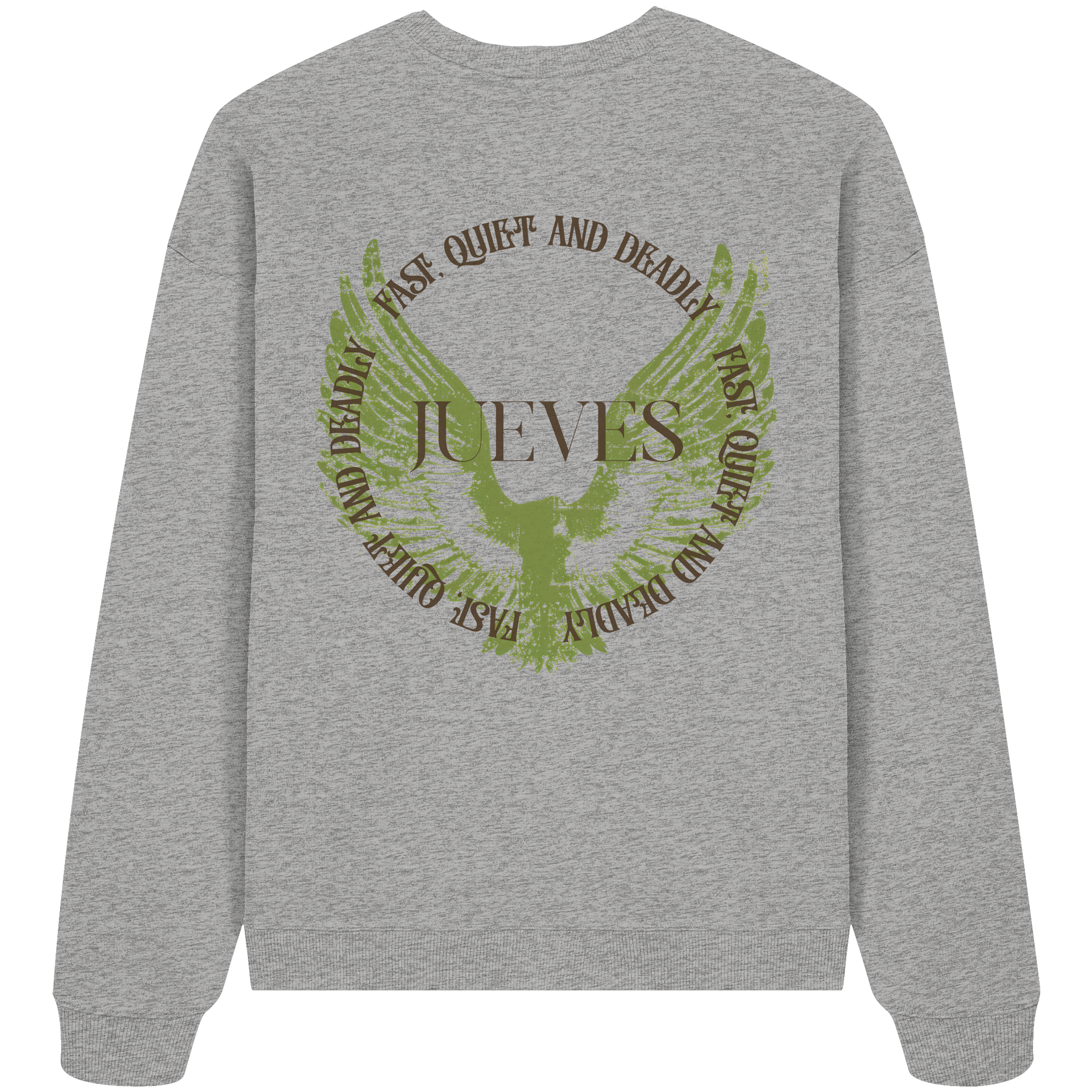 graues Jueves Apparel Oversized Boxcut Sweatshirt mit markantem Rückendruck – urbaner Streetwear-Style aus Bio-Baumwolle