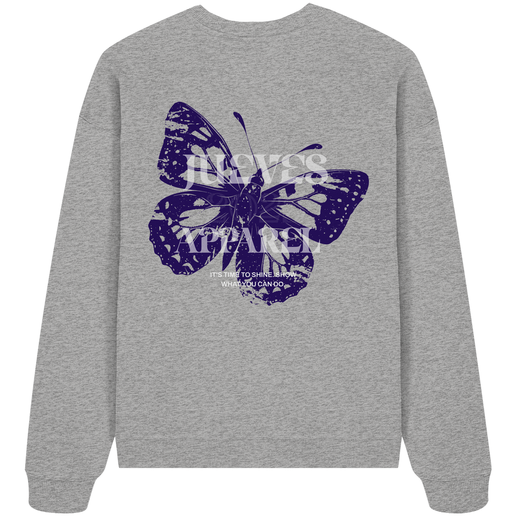graues Jueves Apparel Oversized Boxcut Sweatshirt mit markantem Rückendruck – urbaner Streetwear-Style aus Bio-Baumwolle