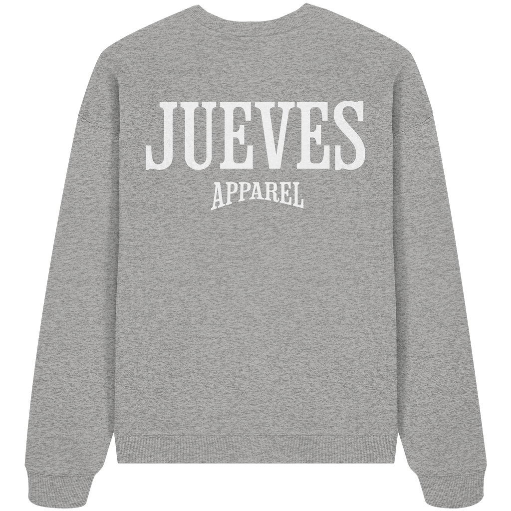 graues Jueves Apparel Oversized Boxcut Sweatshirt mit markantem Rückendruck – urbaner Streetwear-Style aus Bio-Baumwolle