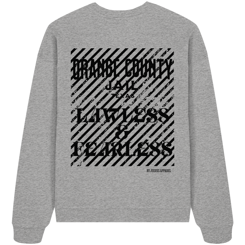 graues Jueves Apparel Oversized Boxcut Sweatshirt mit markantem Rückendruck – urbaner Streetwear-Style aus Bio-Baumwolle