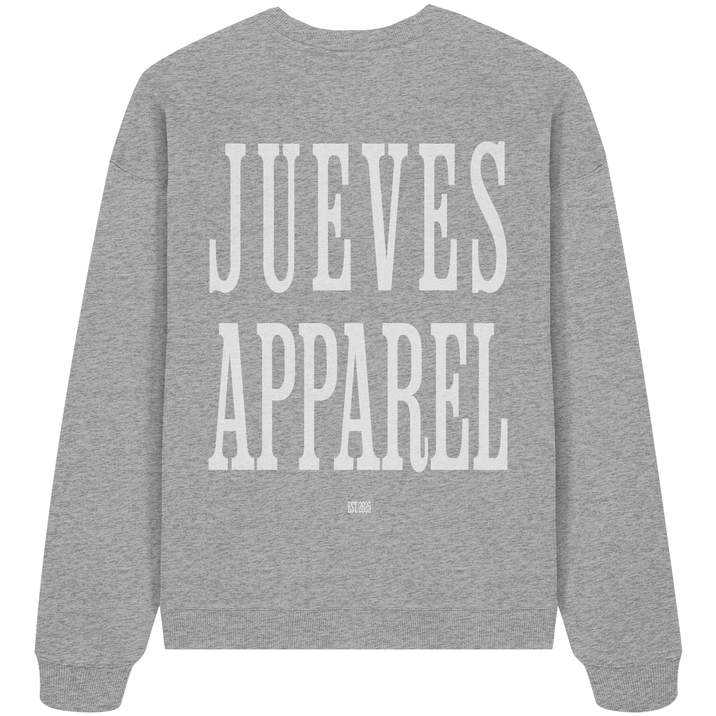 graues Jueves Apparel Oversized Boxcut Sweatshirt mit markantem Rückendruck – urbaner Streetwear-Style aus Bio-Baumwolle