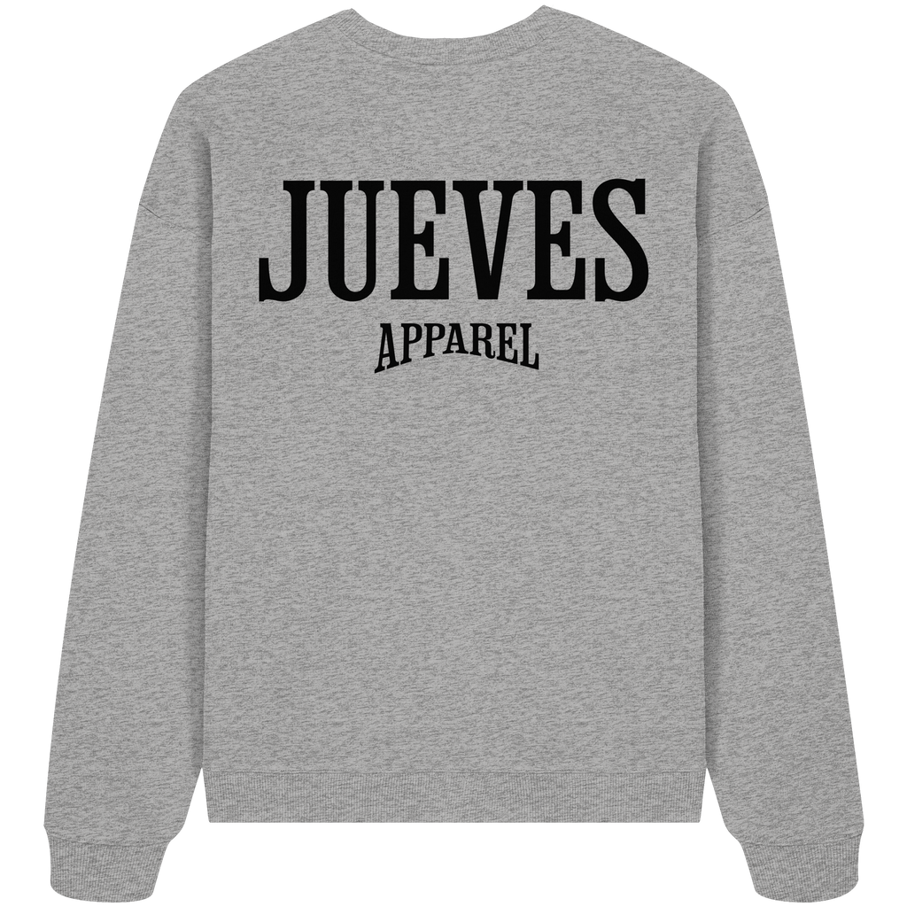 graues Jueves Apparel Oversized Boxcut Sweatshirt mit markantem Rückendruck – urbaner Streetwear-Style aus Bio-Baumwolle