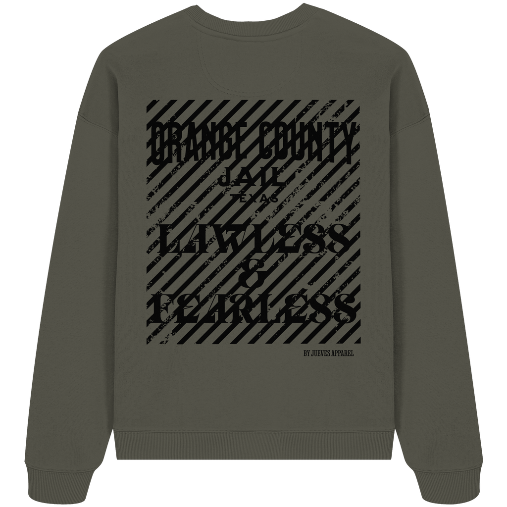 khaki Jueves Apparel Oversized Boxcut Sweatshirt mit markantem Rückendruck – urbaner Streetwear-Style aus Bio-Baumwolle
