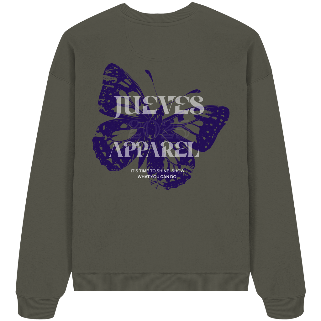 khaki Jueves Apparel Oversized Boxcut Sweatshirt mit markantem Rückendruck – urbaner Streetwear-Style aus Bio-Baumwolle