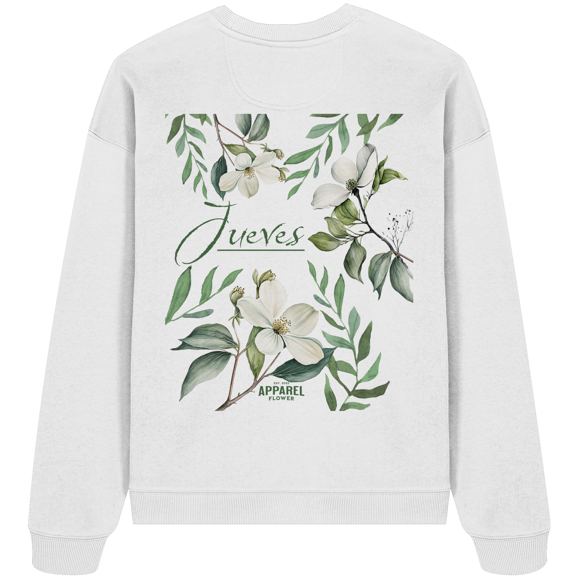 weißes Jueves Apparel Oversized Boxcut Sweatshirt mit markantem Rückendruck – urbaner Streetwear-Style aus Bio-Baumwolle