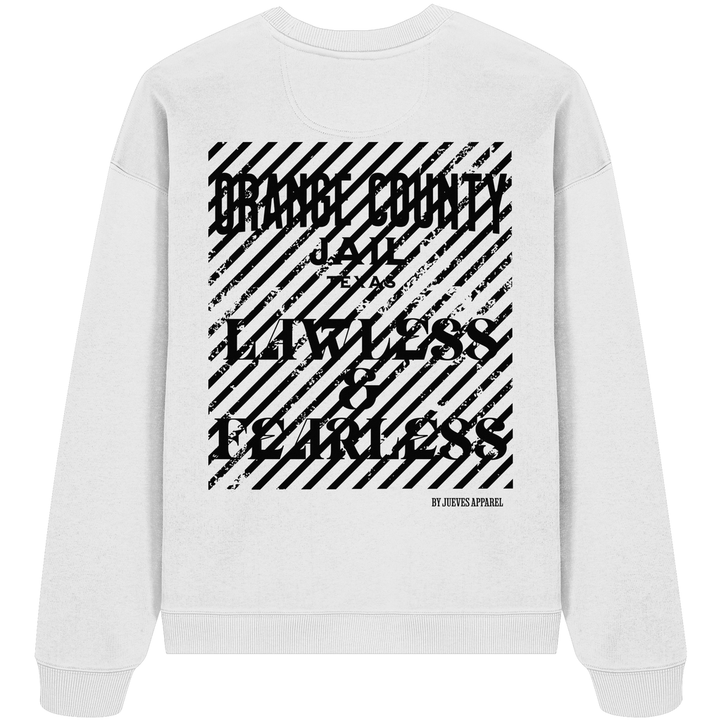 weißes Jueves Apparel Oversized Boxcut Sweatshirt mit markantem Rückendruck – urbaner Streetwear-Style aus Bio-Baumwolle