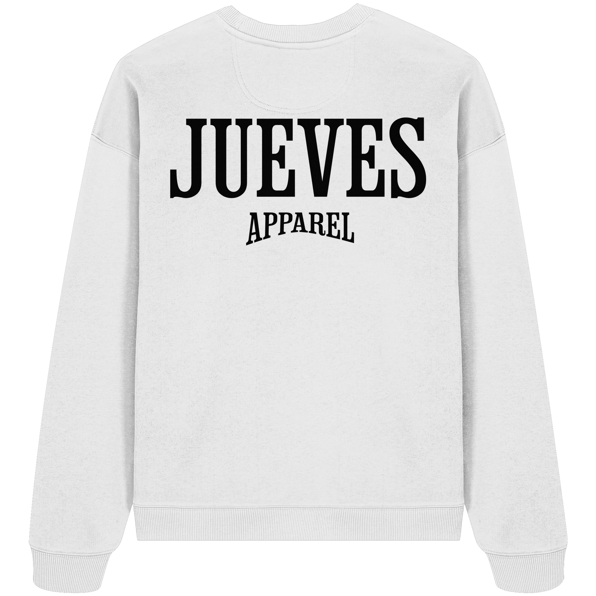 weißes Jueves Apparel Oversized Boxcut Sweatshirt mit markantem Rückendruck – urbaner Streetwear-Style aus Bio-Baumwolle