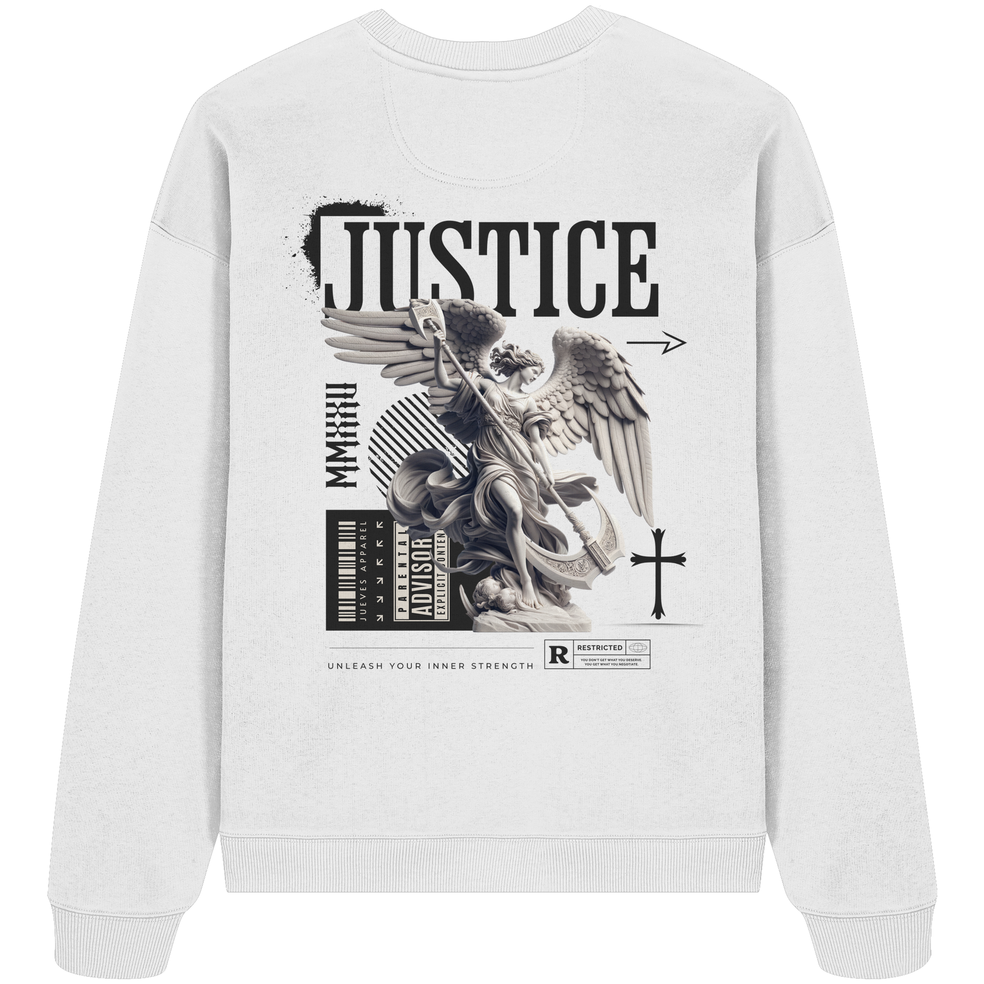 weißes Jueves Apparel Oversized Boxcut Sweatshirt mit markantem Rückendruck – urbaner Streetwear-Style aus Bio-Baumwolle