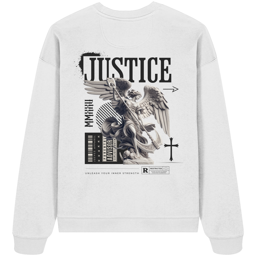 weißes Jueves Apparel Oversized Boxcut Sweatshirt mit markantem Rückendruck – urbaner Streetwear-Style aus Bio-Baumwolle