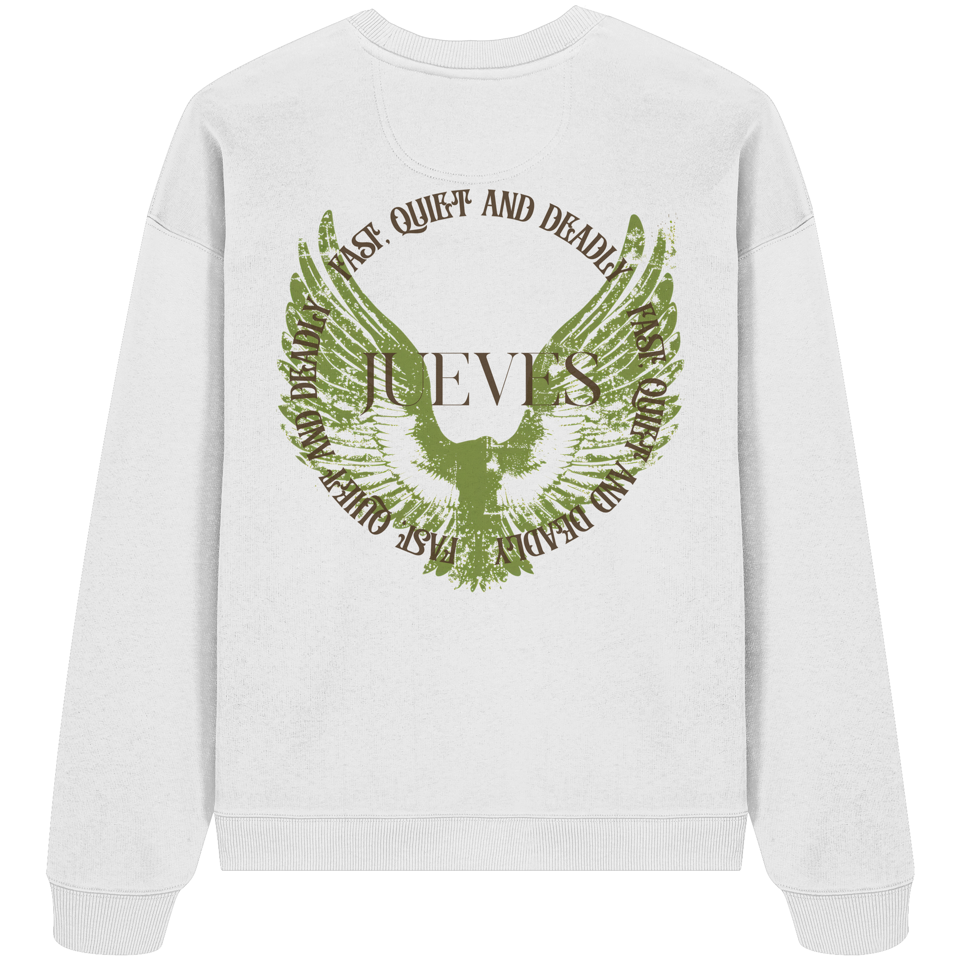 weißes Jueves Apparel Oversized Boxcut Sweatshirt mit markantem Rückendruck – urbaner Streetwear-Style aus Bio-Baumwolle