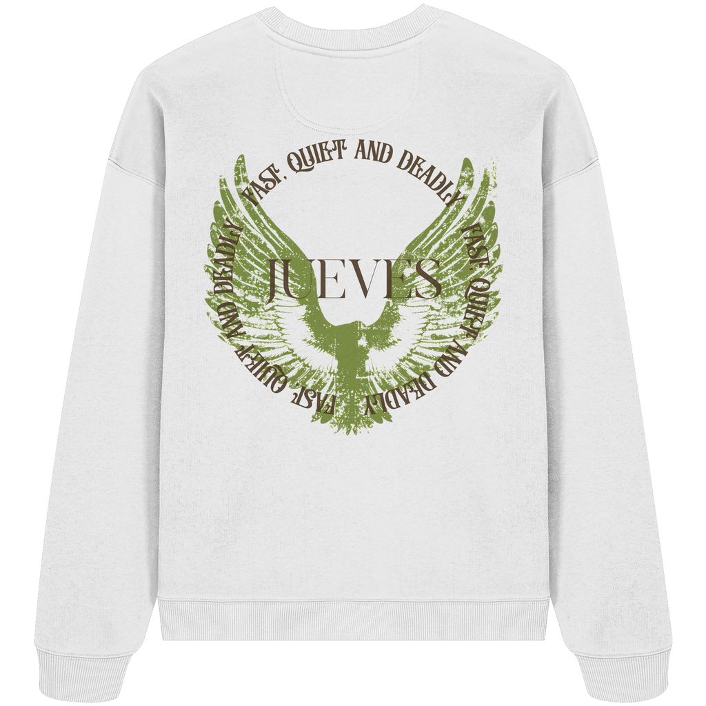 weißes Jueves Apparel Oversized Boxcut Sweatshirt mit markantem Rückendruck – urbaner Streetwear-Style aus Bio-Baumwolle
