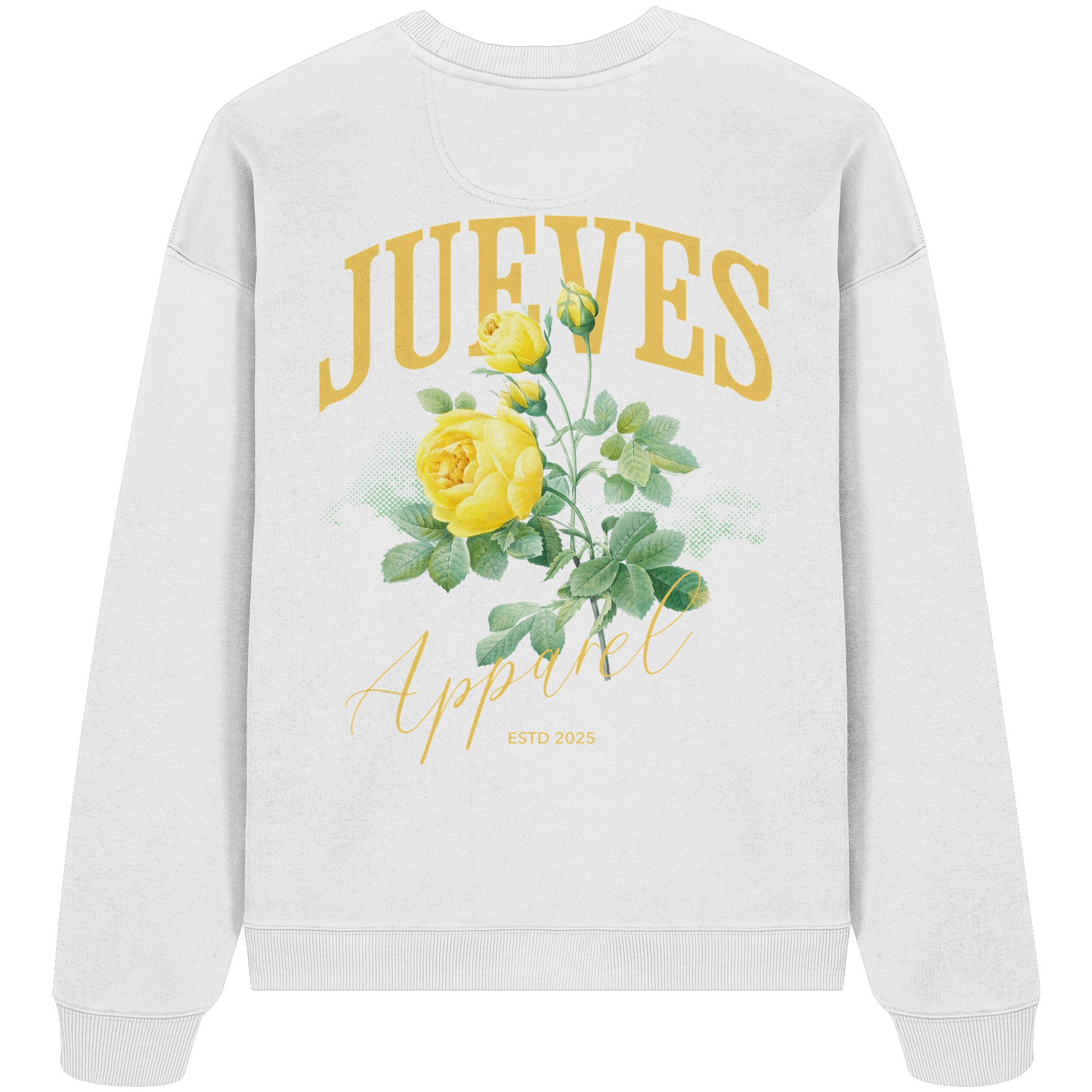 weißes Jueves Apparel Oversized Boxcut Sweatshirt mit markantem Rückendruck – urbaner Streetwear-Style aus Bio-Baumwolle