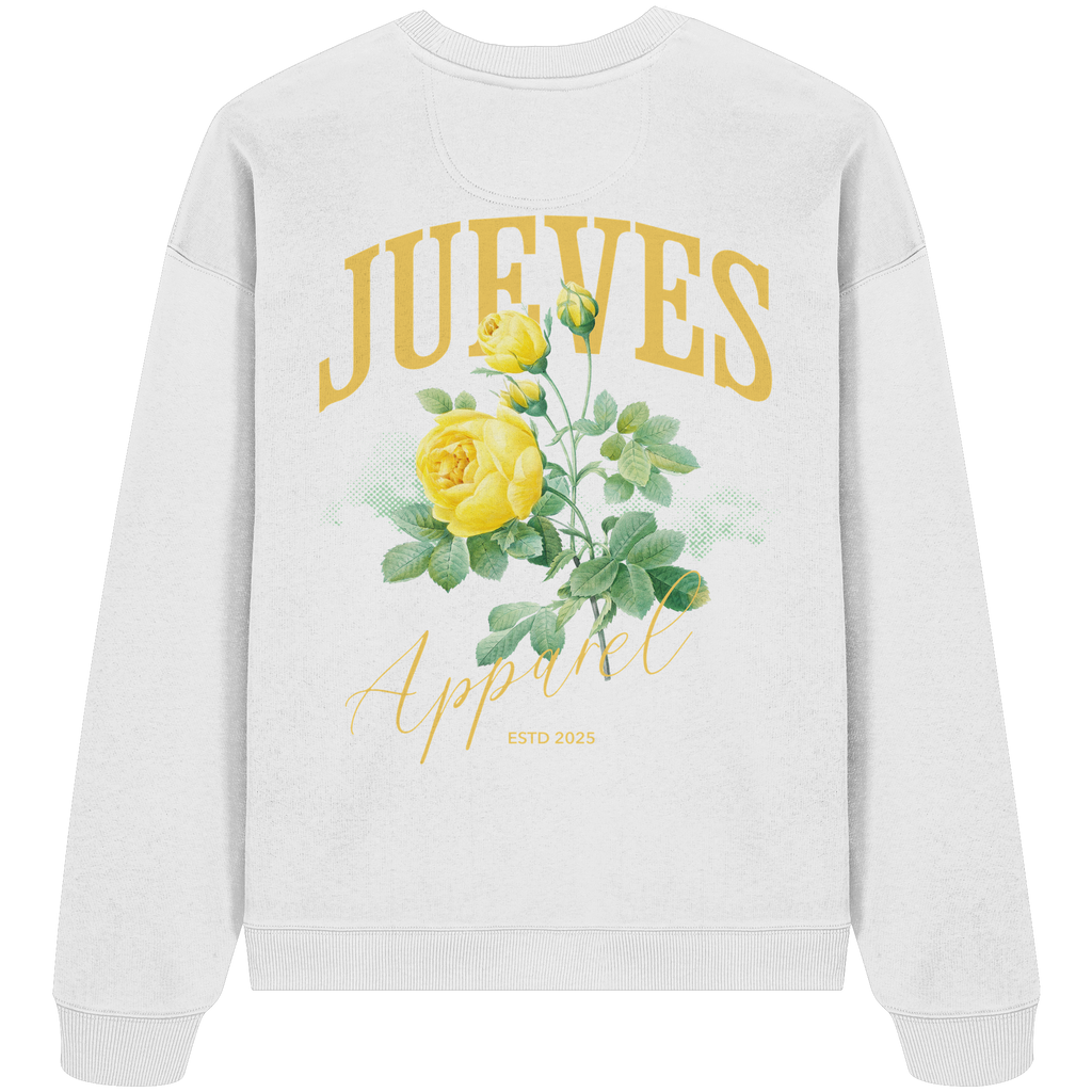 weißes Jueves Apparel Oversized Boxcut Sweatshirt mit markantem Rückendruck – urbaner Streetwear-Style aus Bio-Baumwolle