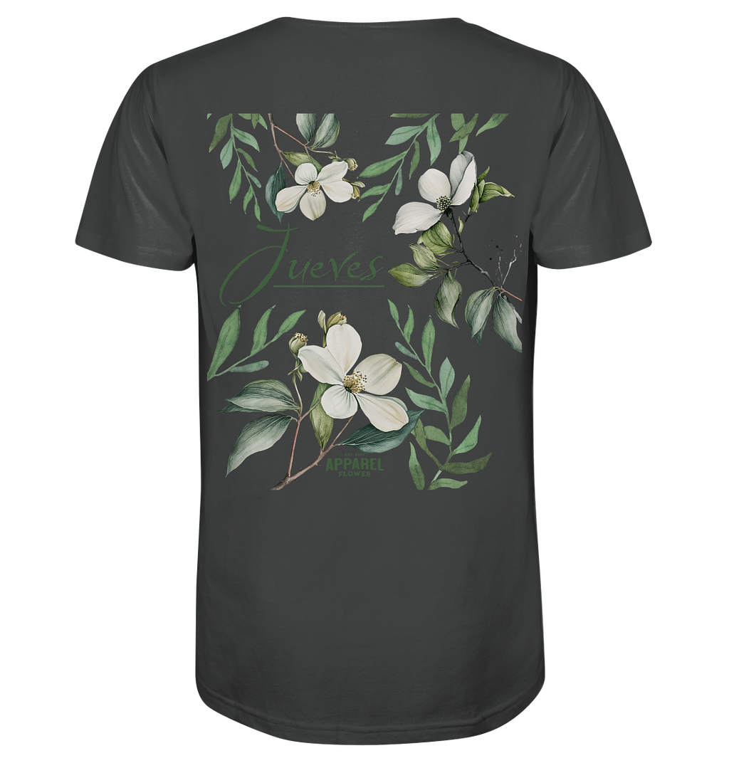 anthrazites Jueves Apparel Classic t-shirt mit markantem Rückendruck – urbaner Streetwear-Style aus Bio-Baumwolle