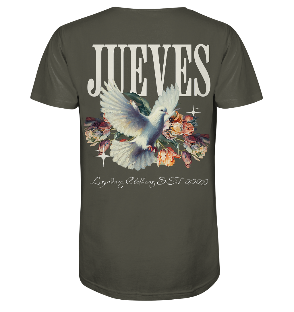 Khaki Jueves Apparel Classic T-Shirt  mit markantem Rückendruck – urbaner Streetwear-Style aus Bio-Baumwolle