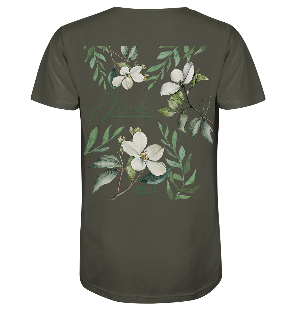 Khaki Jueves Apparel Classic t-shirt mit markantem Rückendruck – urbaner Streetwear-Style aus Bio-Baumwolle