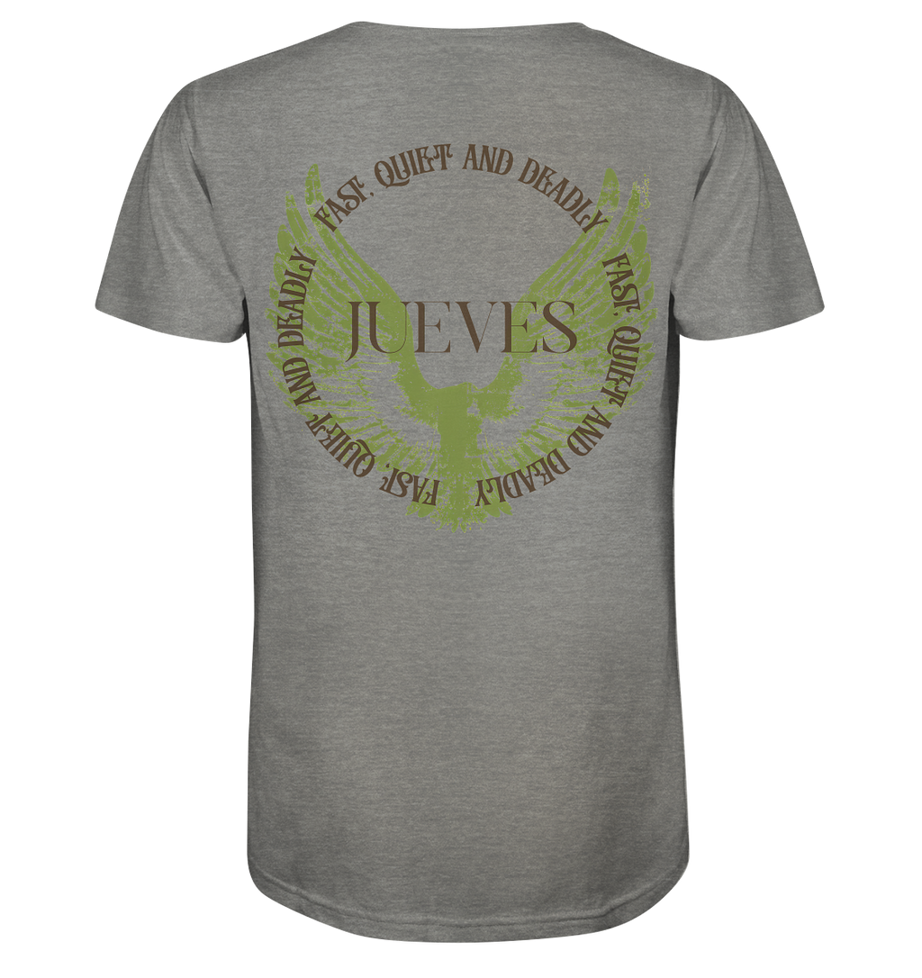 graues Jueves Apparel Classic T-Shirt  mit markantem Rückendruck – urbaner Streetwear-Style aus Bio-Baumwolle