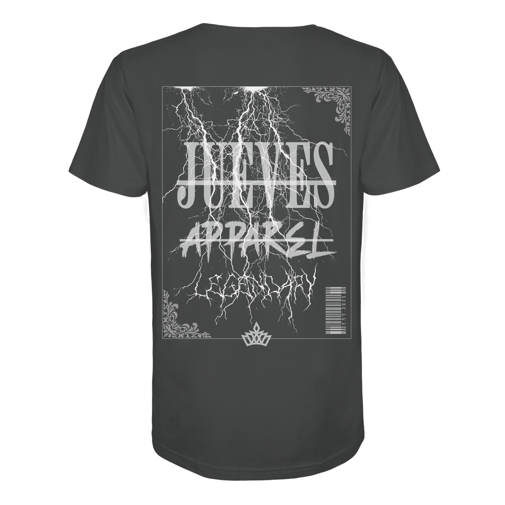 anthrazites Jueves Apparel Classic T-Shirt  mit markantem Rückendruck – urbaner Streetwear-Style aus Bio-Baumwolle
