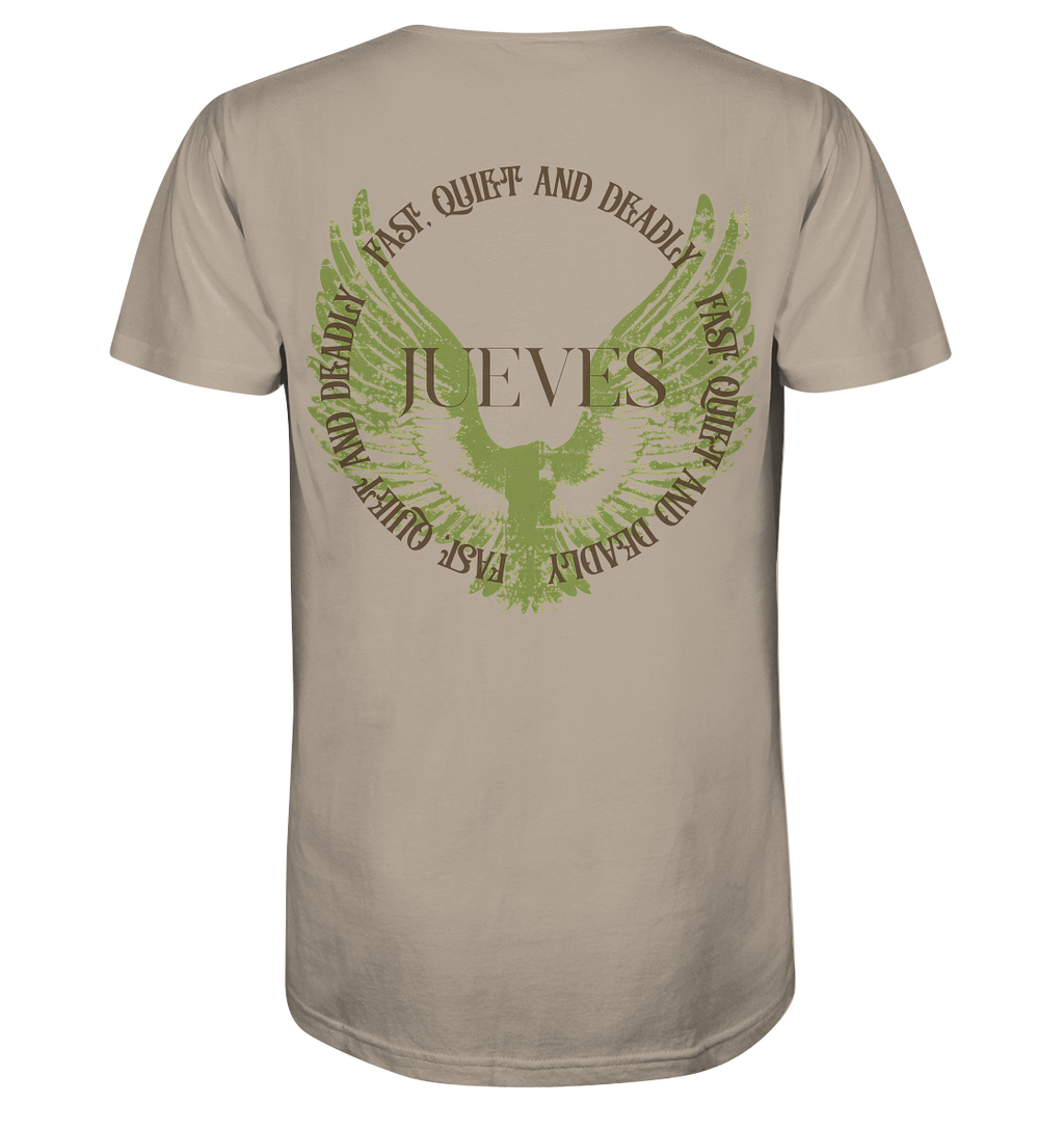 beiges Jueves Apparel Classic t-shirt mit markantem Rückendruck – urbaner Streetwear-Style aus Bio-Baumwolle