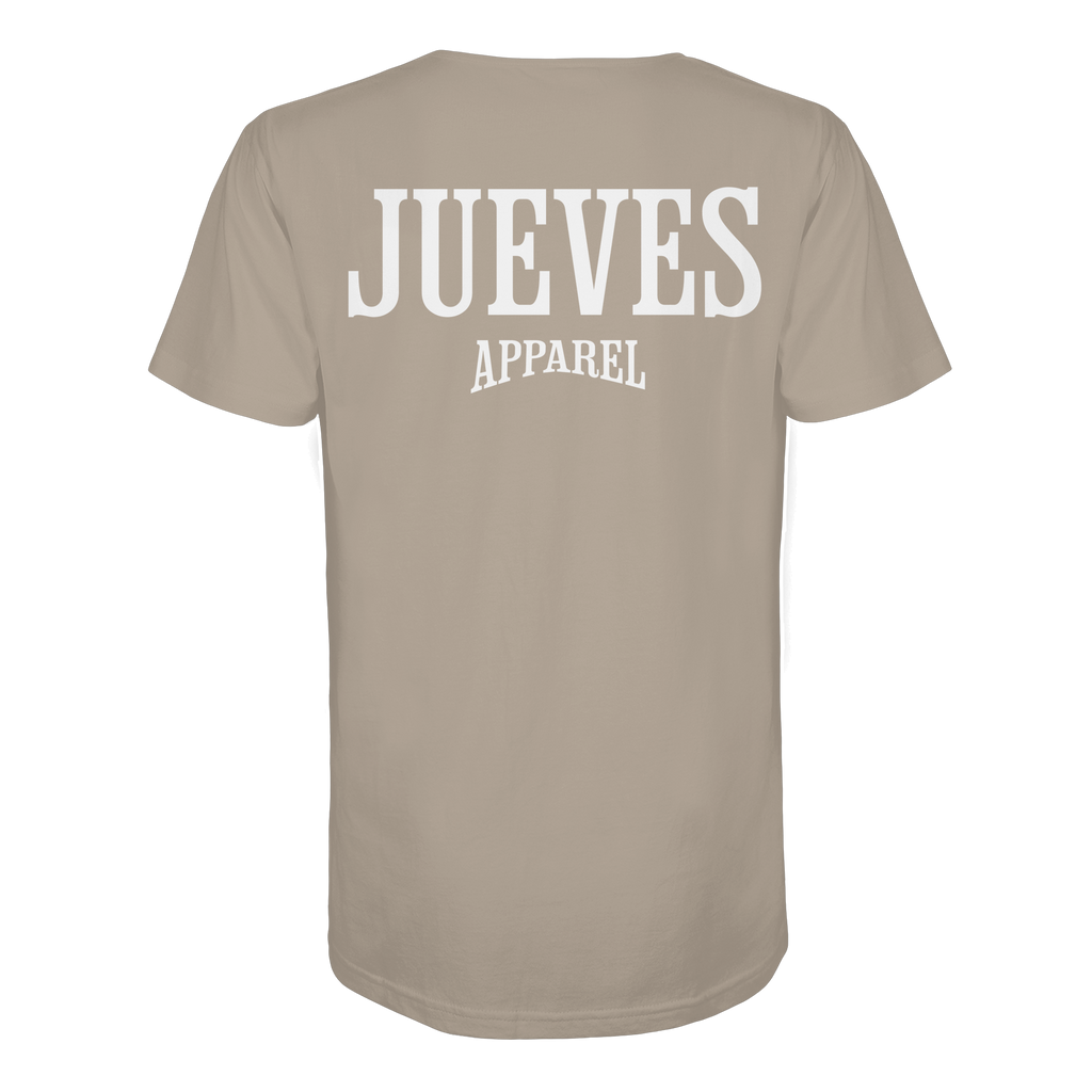 beiges Jueves Apparel Classic T-Shirt  mit markantem Rückendruck – urbaner Streetwear-Style aus Bio-Baumwolle