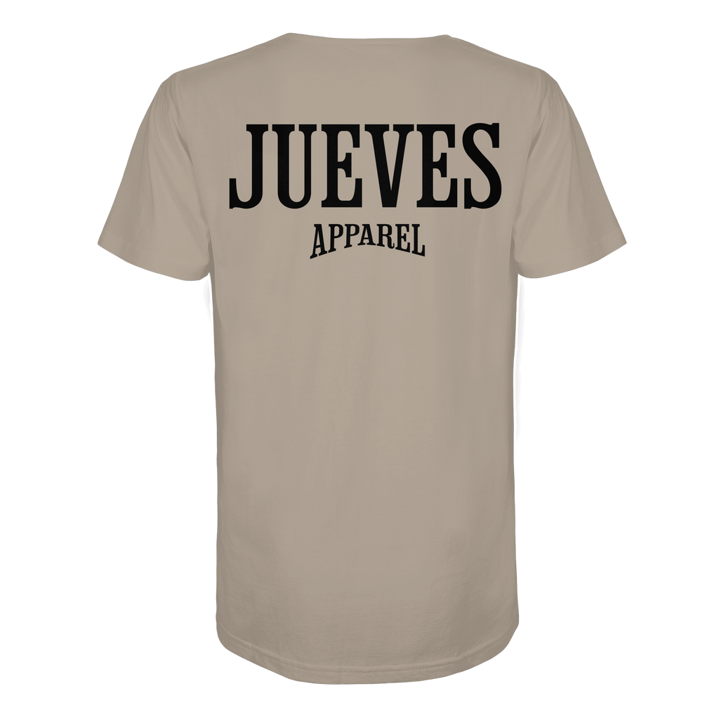beiges Jueves Apparel Classic t-shirt mit markantem Rückendruck – urbaner Streetwear-Style aus Bio-Baumwolle