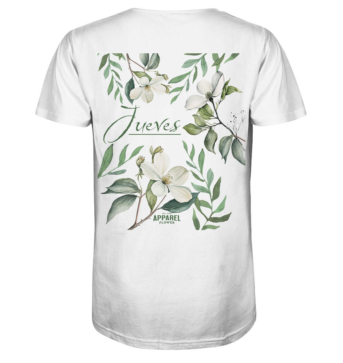 weißes  Jueves Apparel Classic T-Shirt mit markantem Rückendruck – urbaner Streetwear-Style aus Bio-Baumwolle