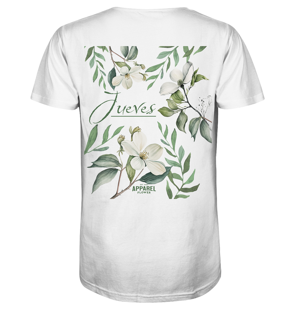 weißes  Jueves Apparel Classic T-Shirt mit markantem Rückendruck – urbaner Streetwear-Style aus Bio-Baumwolle