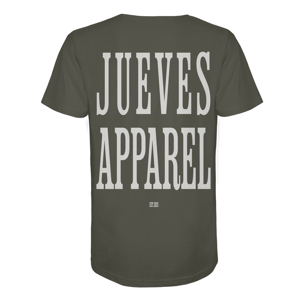Khaki Jueves Apparel Classic t-shirt mit markantem Rückendruck – urbaner Streetwear-Style aus Bio-Baumwolle