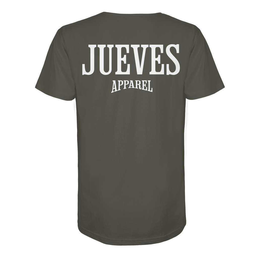 Khaki Jueves Apparel Classic Hoodie mit markantem Rückendruck – urbaner Streetwear-Style aus Bio-Baumwolle