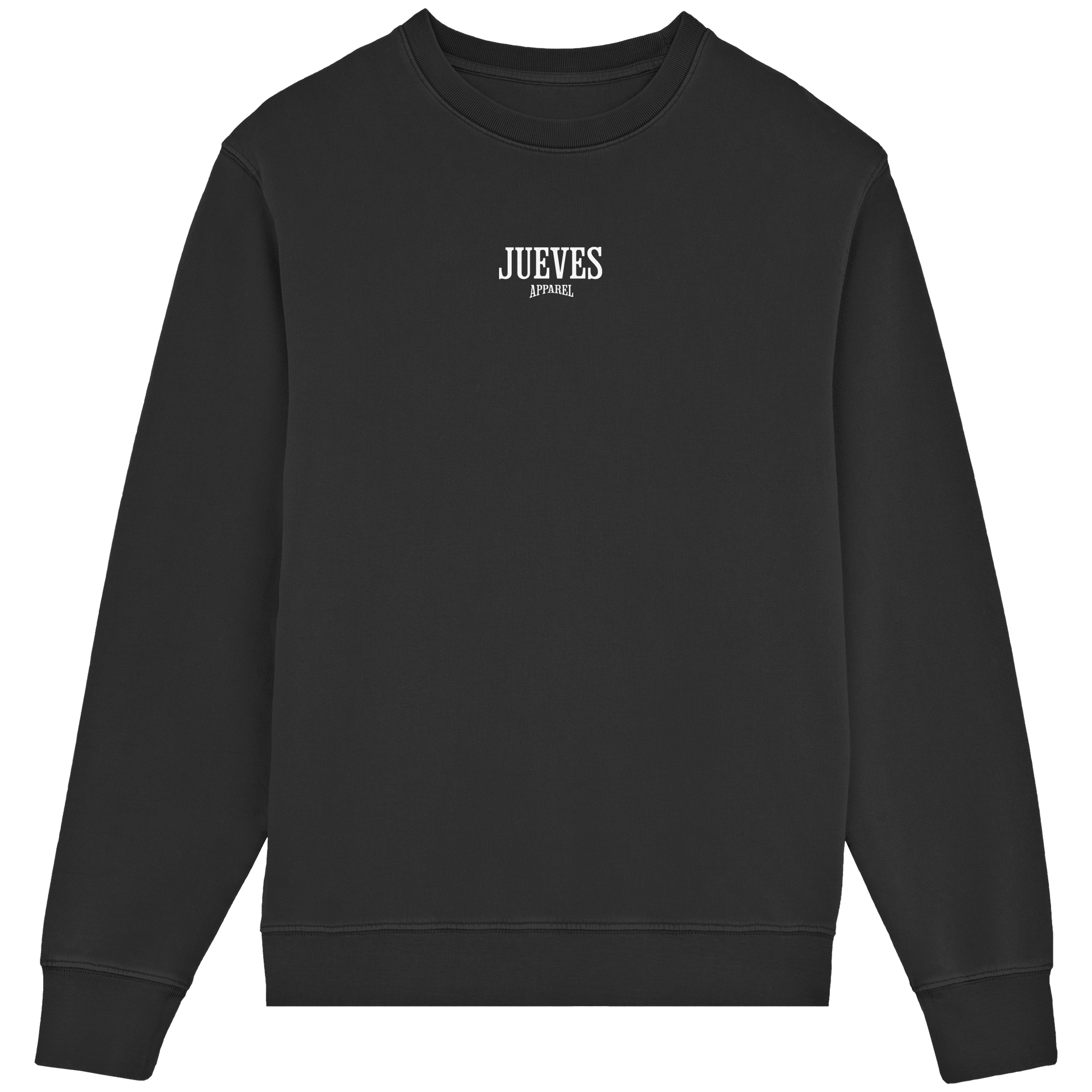 Frontansicht des schwarzen Classic Sweatshirts von Jueves Apparel im klassischen Schnitt – auffälliges Design vorne, Brustdruck 85 % Bio-Baumwolle, 15 % Polyester.