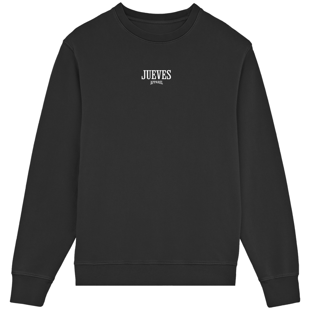 Frontansicht des schwarzen Classic Sweatshirts von Jueves Apparel im klassischen Schnitt – auffälliges Design vorne, Brustdruck 85 % Bio-Baumwolle, 15 % Polyester.