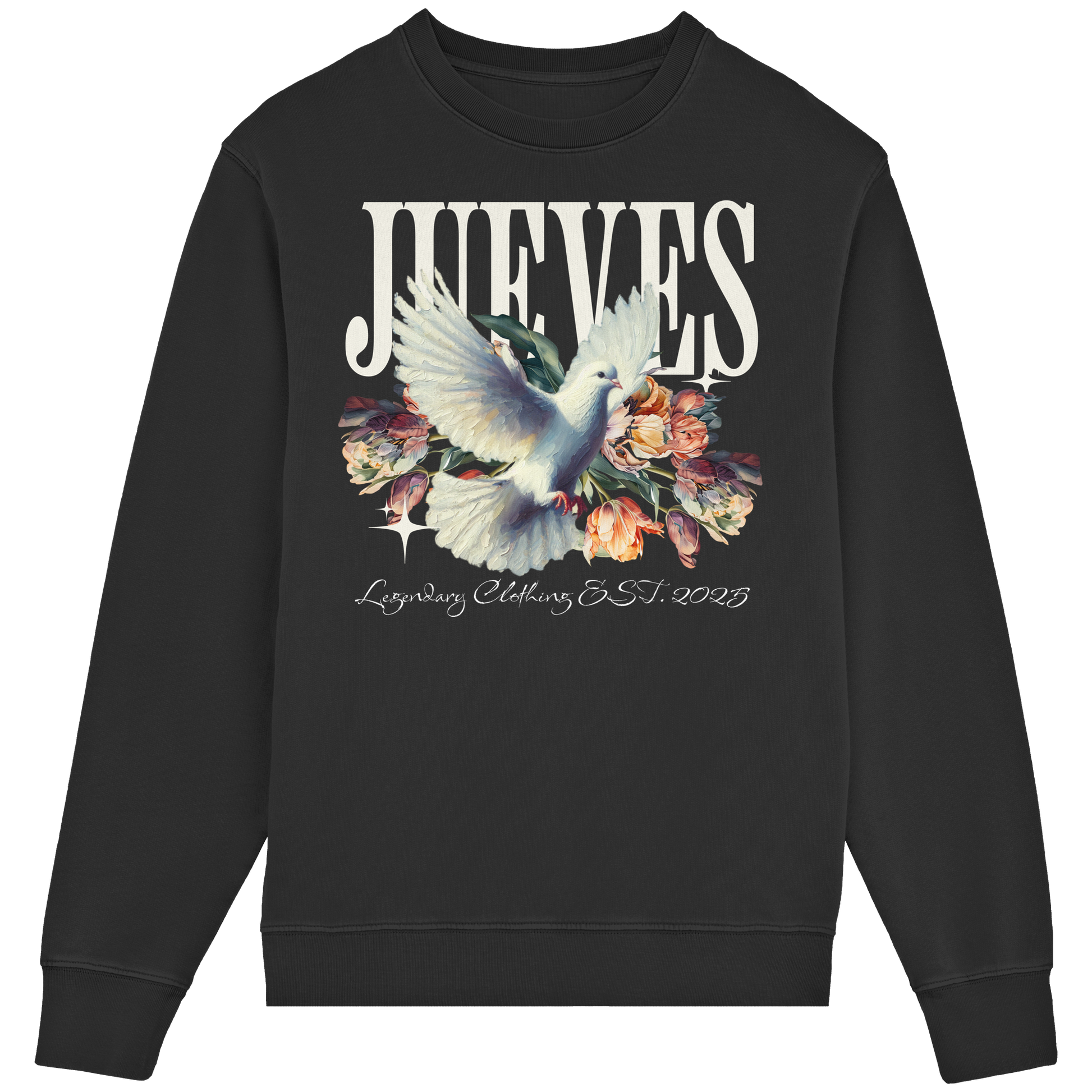 Frontansicht des schwarzen Classic Sweatshirts von Jueves Apparel im klassischen Schnitt – auffälliges Design vorne, Brustdruck 85 % Bio-Baumwolle, 15 % Polyester.