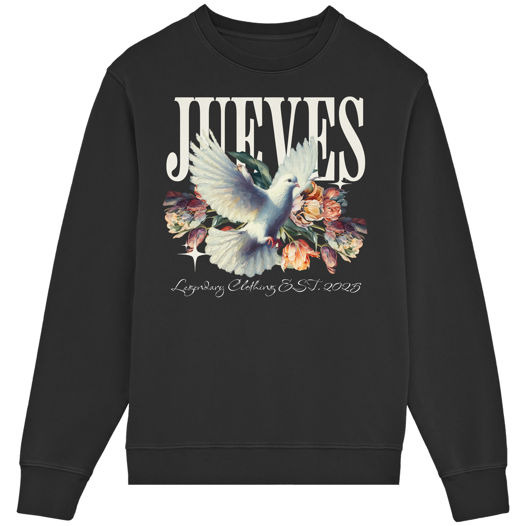 Frontansicht des schwarzen Classic Sweatshirts von Jueves Apparel im klassischen Schnitt – auffälliges Design vorne, Brustdruck 85 % Bio-Baumwolle, 15 % Polyester.